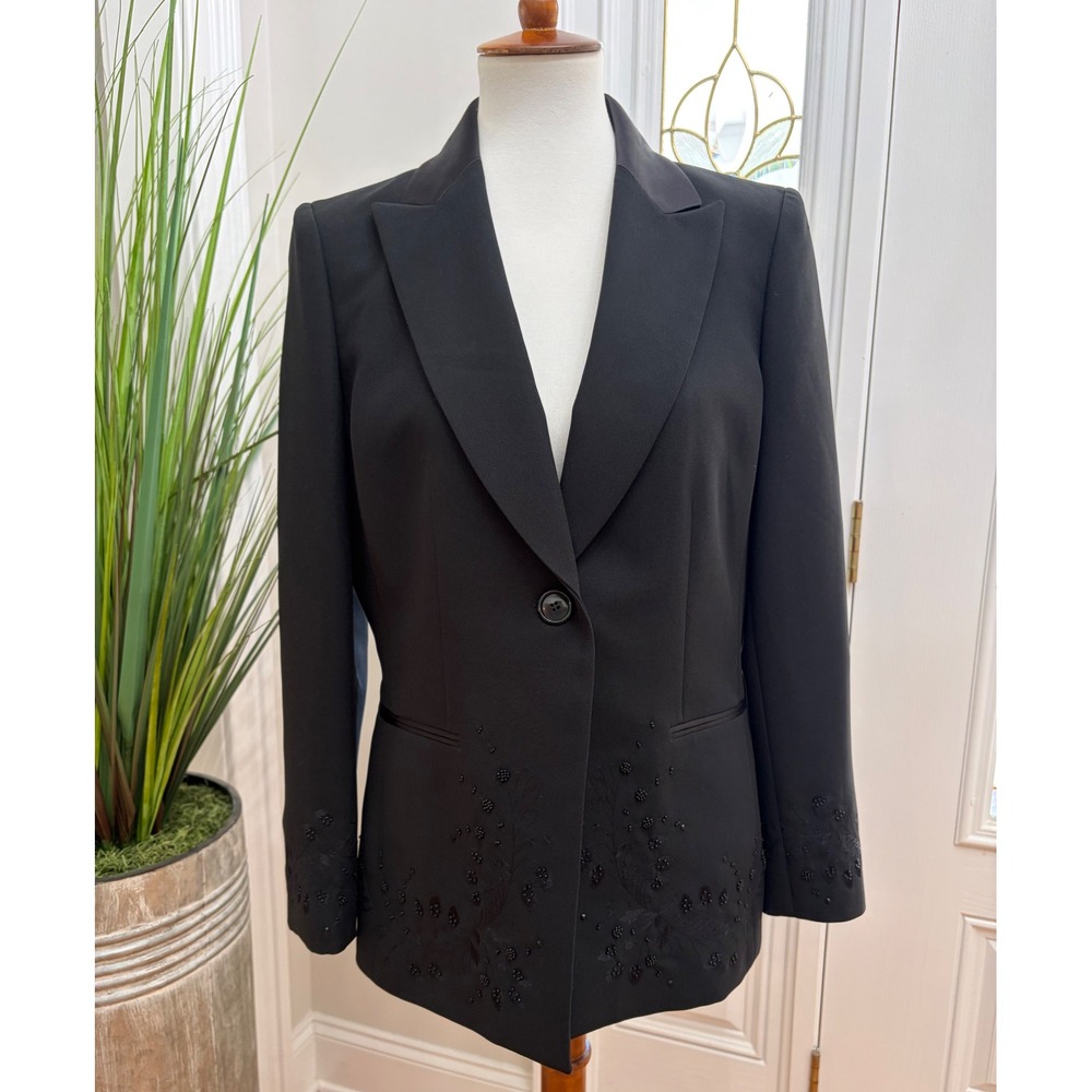 Kasper Black Beaded Floral Embroidered Blazer Jacket Peak Lapel 10 Satin Trim